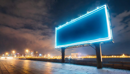 Blue rectangular retro frame with glowing lamps on dark background.の素材
