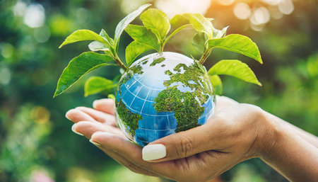 Hands protecting globe of green tree on tropical nature summer background, Ecology and Environment conceptの素材