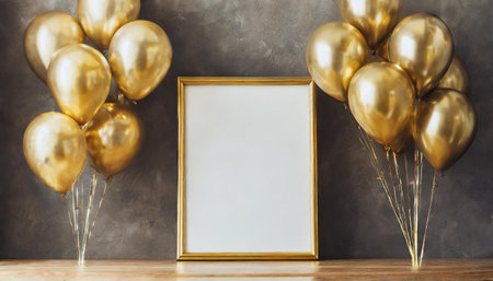 frame poster mockup with gold balloons air balloonの素材
