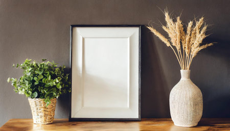 Mockup poster frame on the wall of living room. Luxurious apartment background with contemporary design. Modern interior design.の素材