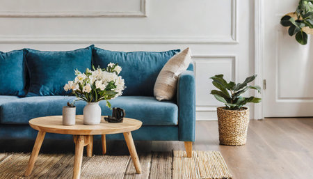 Home interior mock-up with blue sofa, wooden table and decor in blue living room,の素材