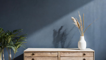 Display product against blurred background. White studio background with shadows of window. Empty room without windowsの素材