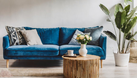 Home interior mock-up with blue sofa, wooden table and decor in blue living room,の素材