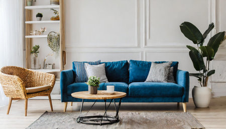 Home interior mock-up with blue sofa, wooden table and decor in blue living room,の素材