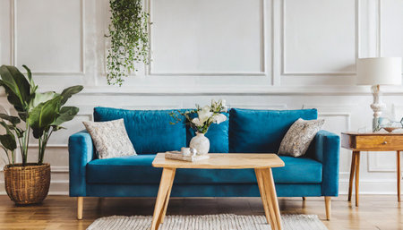 Home interior mock-up with blue sofa, wooden table and decor in blue living room,の素材