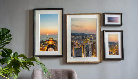 different size framed photos hanging on the gray wall.の素材