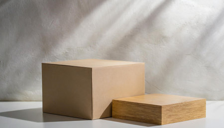 empty podium or pedestal display on white background with box stand concept blank product shelf standing backdropの素材