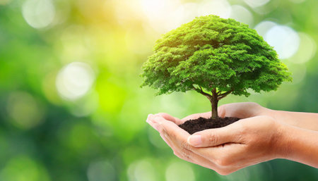 hand holding young plant with sunlight on green nature background. concept eco earth dayの素材
