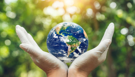 Hands protecting globe of green tree on tropical nature summer background, Ecology and Environment conceptの素材