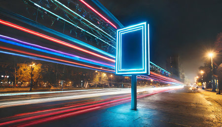 Blue rectangular retro frame with glowing lamps on dark background.の素材