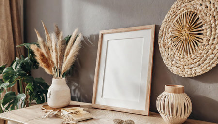 Mockup poster frame on the wall of living room. Luxurious apartment background with contemporary design. Modern interior design.の素材