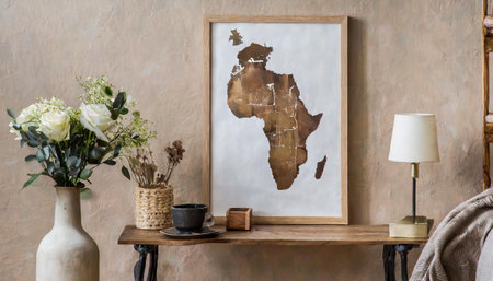 Stylish scandinavian living room interior with design mint sofa, furnitures, mock up poster map, plants, and elegant personal accessories. Home decor. Interior design.の素材