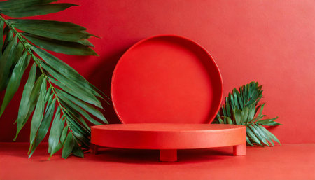 blank red display background with minimal style blank stand for showing product or product presentationの素材