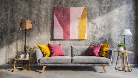 3d render of a grungy concrete room with a gray sofa an art canvas and dusky pink and yellow cushionsの素材