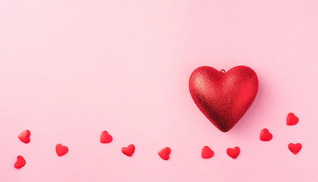 Valentine day background with shiny red heart on pink table top view. Minimalistic greeting card.の素材