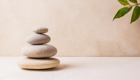 Spa, balance, meditation and zen minimal modern concept. Stack of stone pebbles against beige wall for design and presentation.の素材