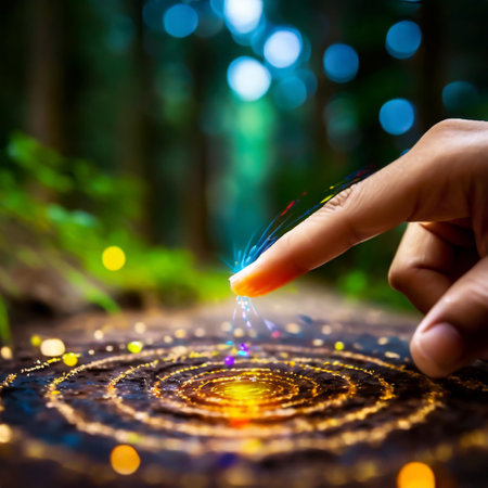 Hand reaching inside spinning vortex of light particles in big data and artificial intelligence conceptの素材