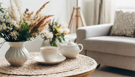 Cup of coffee and teapot on table in living roomの素材