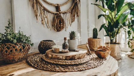 Mockup frame in nomadic boho interior background with rustic decor, 3d renderの素材