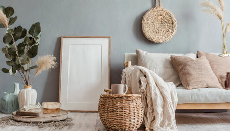 Mockup frame in interior background, room in light pastel colors, Scandi-Boho style, 3d renderの素材