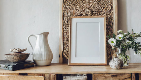 Scandinavian farmhouse bedroom interior, poster frame mockup, 3D renderの素材