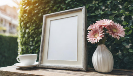 Mockup poster frame close up in coastal style home interior. Living room with wood furniture and decor. Pastel empty wall. 3d render. High quality 3dの素材