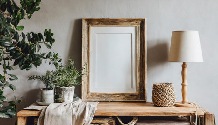 Scandinavian farmhouse bedroom interior, poster frame mockup, 3D renderの素材