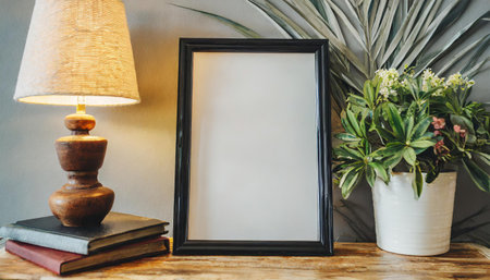 Interior poster mockup with vertical black frame in home interior background.の素材