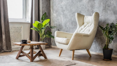 Interior of living room with white leather armchair and wooden triangular coffee tableの素材