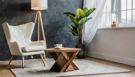 Interior of living room with white leather armchair and wooden triangular coffee tableの素材