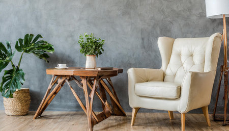 Interior of living room with white leather armchair and wooden triangular coffee tableの素材