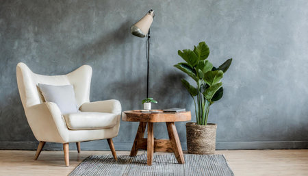 Interior of living room with white leather armchair and wooden triangular coffee tableの素材