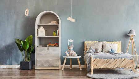 Interior of the childroom. sleeping places. illustration. Mock up wall.の素材