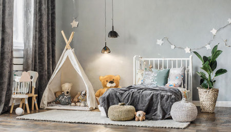 Interior of the childroom. sleeping places. illustration. Mock up wall.の素材