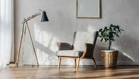 Plant against a white wall mockup. White wall mockup with brown curtain, plant and wood floor.の素材