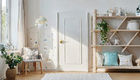 Empty white wall in modern child room. Mock up interior in scandinavian, boho style. Copy space for your picture or poster. Bed, armchair, toys, rattan basket. Cozy room for kids.の素材