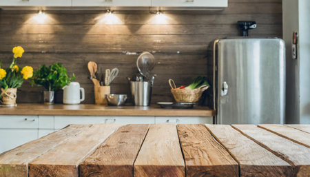 Coastal style white blank empty space kitchen countertop with kitchen utensils and indoor plant, Scandi interior design, AI generatedの素材