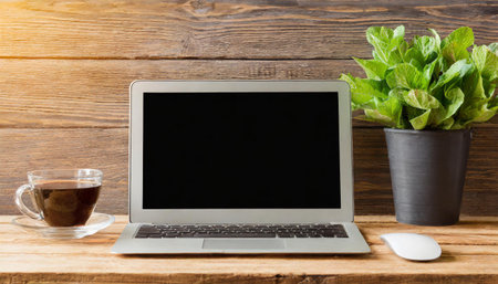 screen blank laptop table background white mockup computer business technology office notebook work display portable home desk workspace view room wooden workplace cyberspace open designの素材
