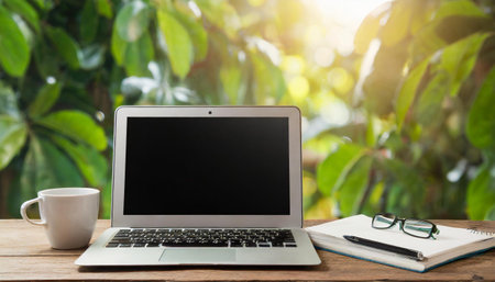 screen blank laptop table background white mockup computer business technology office notebook work display portable home desk workspace view room wooden workplace cyberspace open designの素材
