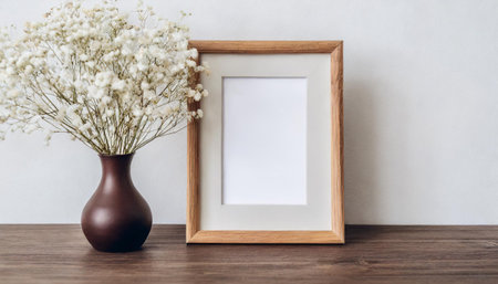 Landscape wooden frame mockup with copy space for artwork, photo or print presentation. White wall and vase with dry gypsophila flower decoration.の素材