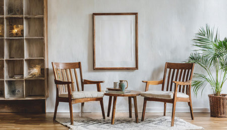 Blank horizontal poster frame mock up in minimal white style living room interior, modern living room interior backgrounの素材