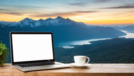 screen blank laptop table background white mockup computer business technology office notebook work display portable home desk workspace view room wooden workplace cyberspace open designの素材