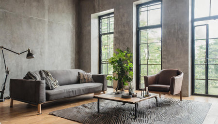 Room in loft style. Living room loft in industrial style, 3D render. Real estate concept.の素材