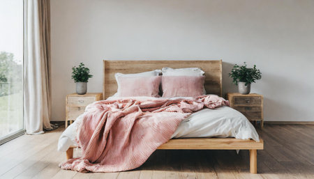 Light, cute and cozy home bedroom interior with unmade bed, pink plaid and cushions on empty white wall background. 3D rendering.の素材
