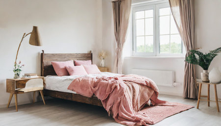 Light, cute and cozy home bedroom interior with unmade bed, pink plaid and cushions on empty white wall background. 3D rendering.の素材