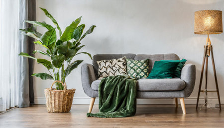 Living room interior with gray velvet sofa, pillows, green plaid, lamp and fiddle leaf tree in wicker basket on white wall background. 3D rendering.の素材