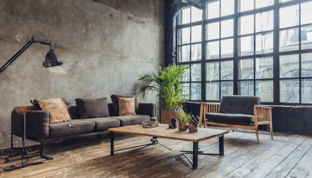 Room in loft style. Living room loft in industrial style, 3D render. Real estate concept.の素材