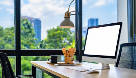 Mock up desktop computer and blank screen display in officeの素材