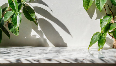 Marble table with tree shadow drop on white wall background for mockup product displayの素材