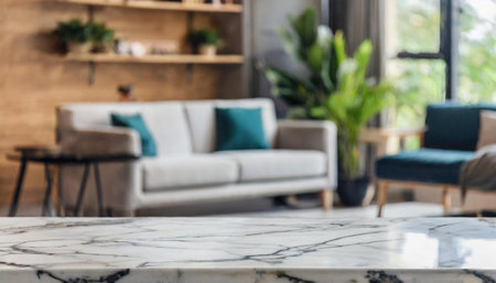 marble counter with copy space for your product in blurred living room backgroundの素材